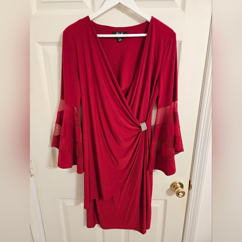 R&M Collection Elegant Red Draped Faux Wrap Dress Size 12 Flare Lace Sleeves